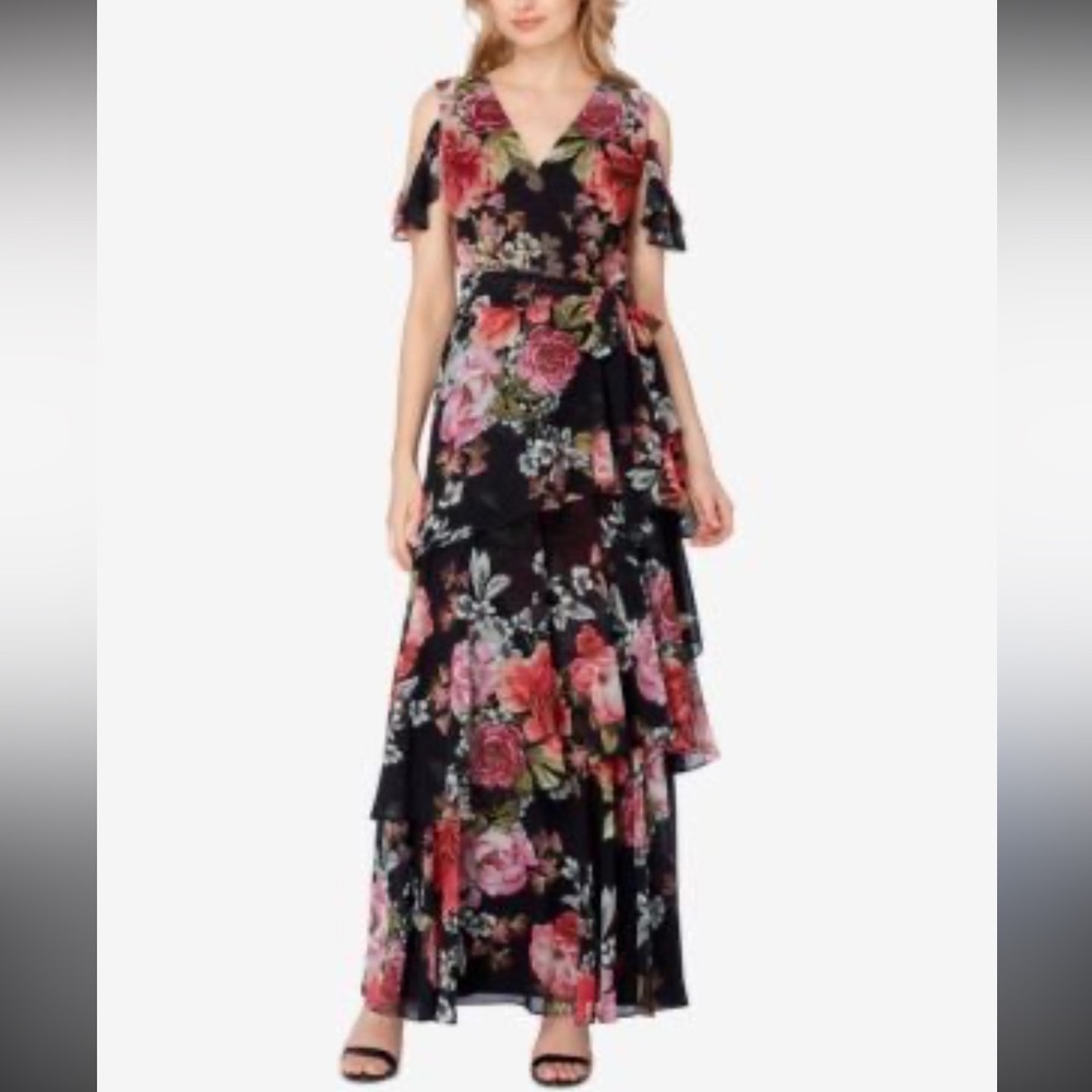 TAHARI ASL Cold-shoulder Floral Chiffon Gown Black/sage tiered maxi